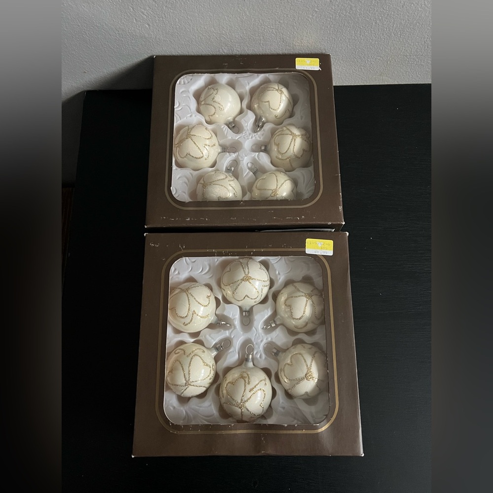 Vintage Alderbrook Czechoslovakian Glass Christmas Tree Ornaments White Gold 12